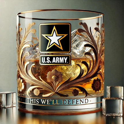 Whiskey Glass with Gold Embossed Military Veteran Emblem | Gift-Ready Tribute Drinkware for Toasting and Celebrations