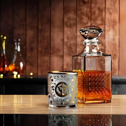 Whiskey Glass with Gold Embossed Military Veteran Emblem | Gift-Ready Tribute Drinkware for Toasting and Celebrations