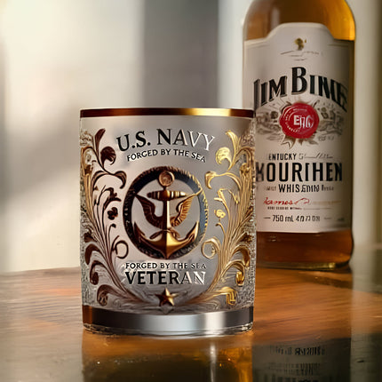 Whiskey Glass with Gold Embossed Military Veteran Emblem | Gift-Ready Tribute Drinkware for Toasting and Celebrations