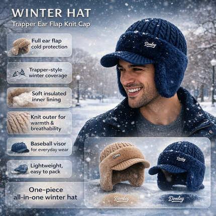 Knit Trapper Ear Flap Winter Hat with Visor | Lightweight Cold Weather Cap for Outdoor Activities