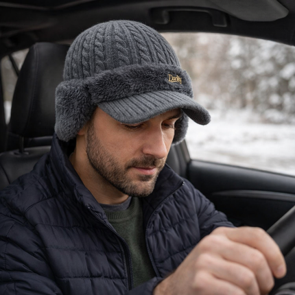 Winter Trapper Hat with Visor and Ear Flaps | Lightweight Knit Cap for Cold Weather Outdoor Activities