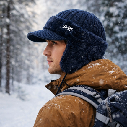 Winter Trapper Hat with Visor and Ear Flaps | Lightweight Knit Cap for Cold Weather Outdoor Activities