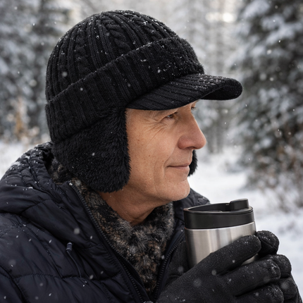 Winter Trapper Hat with Visor and Ear Flaps | Lightweight Knit Cap for Cold Weather Outdoor Activities