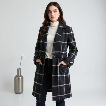 Plaid Long Women's Coat with Button Closure | Stylish Winter Outerwear for Easy Layering
