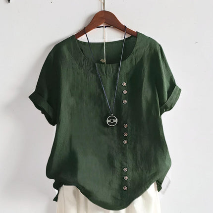 Casual Women's Button Front Shirt with Short Sleeves | Versatile Round Neck Top for Easy Everyday Outfits