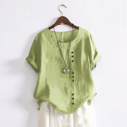 Casual Women's Button Front Shirt with Short Sleeves | Versatile Round Neck Top for Easy Everyday Outfits