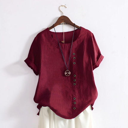 Casual Women's Button Front Shirt with Short Sleeves | Versatile Round Neck Top for Easy Everyday Outfits
