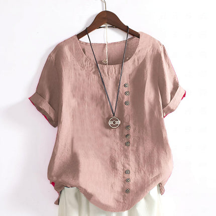 Casual Women's Button Front Shirt with Short Sleeves | Versatile Round Neck Top for Easy Everyday Outfits