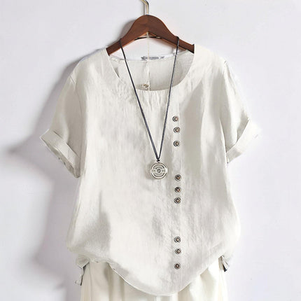 Womens Tops Short Sleeve, Button Front Womens Blouse with Round Neck, Casual Summer Top for Work and Everyday Wear_01