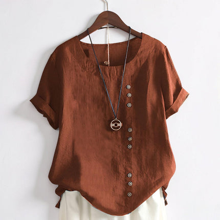 Womens Tops Short Sleeve, Button Front Womens Blouse with Round Neck, Casual Summer Top for Work and Everyday Wear_02