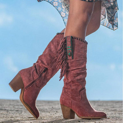 Cowgirl Boots Women, Knee High Boots with Fringe and Block Heel, Faux Suede Western Boots Women for Festivals
