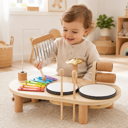 Wooden Toddler Music Set with Drums & Xylophone | Montessori Exploration Toy for Early Sound Discovery