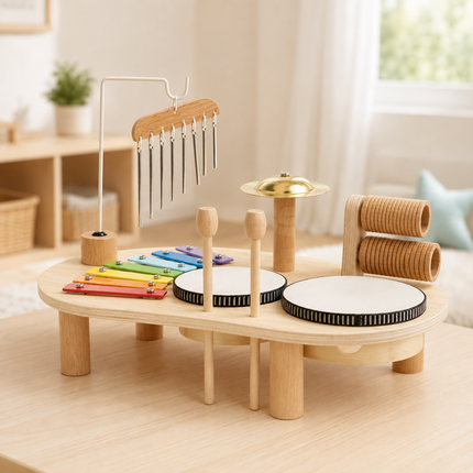 Wooden Toddler Music Set with Drums & Xylophone | Montessori Exploration Toy for Early Sound Discovery