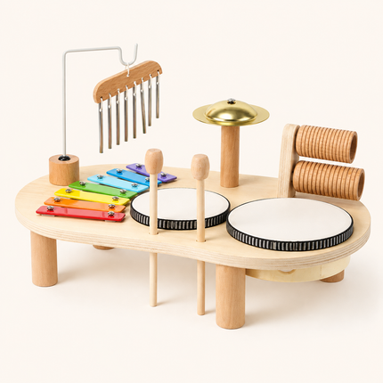Wooden Toddler Music Set with Drums & Xylophone | Montessori Exploration Toy for Early Sound Discovery
