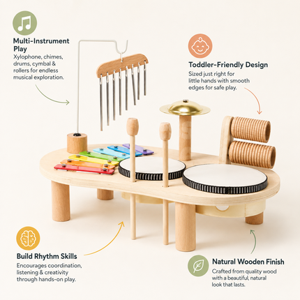 Wooden Toddler Music Set with Drums & Xylophone | Montessori Exploration Toy for Early Sound Discovery