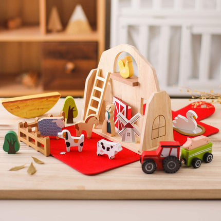 Wooden Farm Travel Set with Barn Case | Portable Imaginative Play for Toddlers