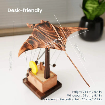 Wooden Manta Ray Automaton with Hand-Cranked Motion | Kinetic Desk Sculpture for Stress Relief 4