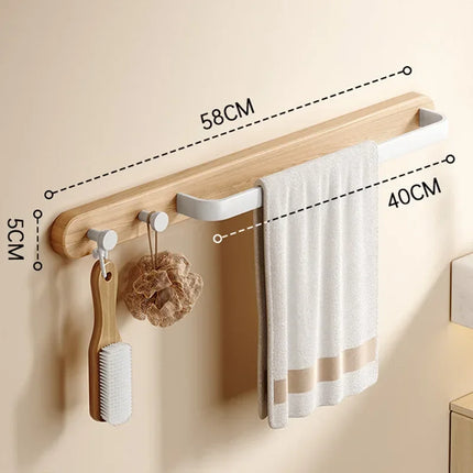 Wooden Towel Rail with Hooks | Modern Wall-Mounted Bathroom Organizer for Space-Saving Storage 7