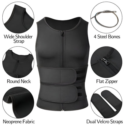 Neoprene Workout Vest for Men with Adjustable Dual Belts | Front Zipper for Secure Fit During Gym and Fitness Training