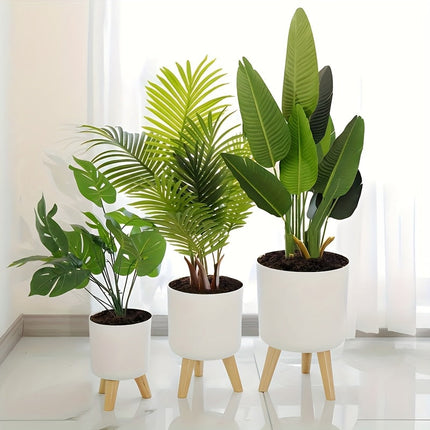 Modern Round Planter with Detachable Wooden Legs | Lightweight Plastic Pot for Indoor & Outdoor Decor