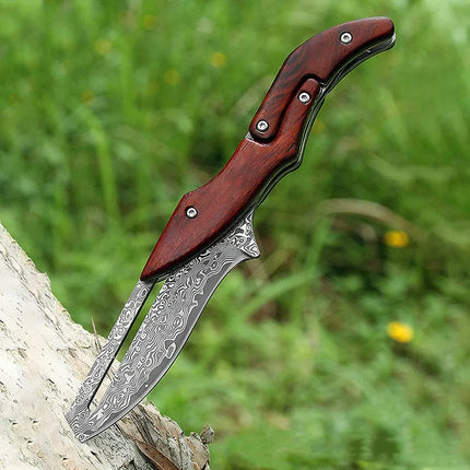 Damascus Steel Folding Pocket Knife, Wood Handle Everyday Carry Knife for Camping and Outdoor Tasks