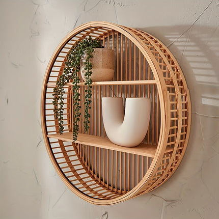 Round Bamboo Wall Shelf with 2-Tier Design | Handcrafted Organizer for Eco-Friendly Home Decor