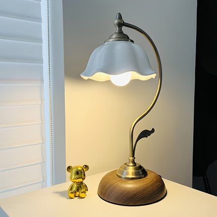 Table Lamp for Bedroom, Vintage Brass Table Lamp with Floral Glass Shade, USB Gooseneck Bedside Lamp for Reading_00