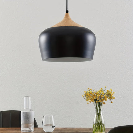 Scandinavian Pendant Light with Matte Metal Shade & Wood Grain Accent | Elegant Illumination for Kitchen and Dining Spaces