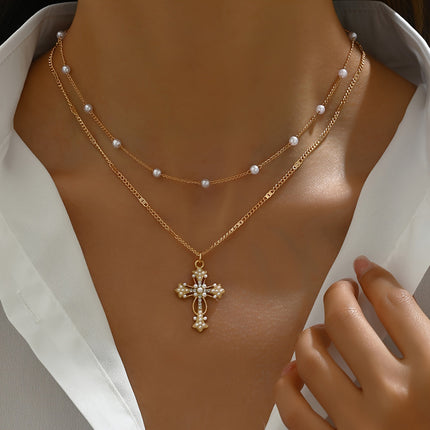Layered Cross Necklace in Gold with Beaded Accents | Elegant Faith-Inspired Jewelry for Everyday Wear