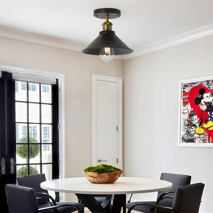 Industrial Black Semi Flush Mount Ceiling Light with Brass Accents | Retro Lighting for Dining Rooms and Cafés