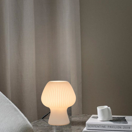 Vintage Glass Table Lamp with Dimmable Warm Light | Ribbed Mushroom Design for Cozy Bedrooms and Living Spaces
