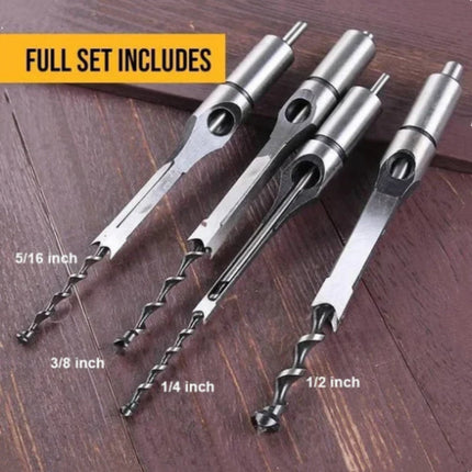 Square Hole Drill Bit Set, 4 Sizes 1/4 to 1/2 Inch Mortising Chisel Bits for Woodworking, Clean Cut Square Mortise Holes