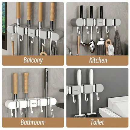 Wall-Mounted Mop Holder with Adjustable Slots | Space-Saving Solution for Organized Cleaning Tools
