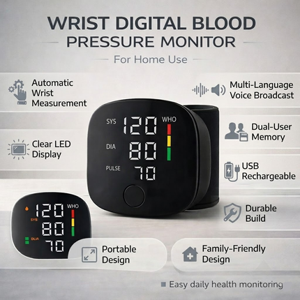 Automatic Wrist Blood Pressure Monitor with Arrhythmia Detection | Rechargeable Device for Quick Home Health Checks