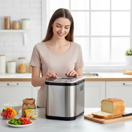 Automatic Bread Maker with Digital Control | Compact Stainless Steel Appliance for Easy Homemade Bread