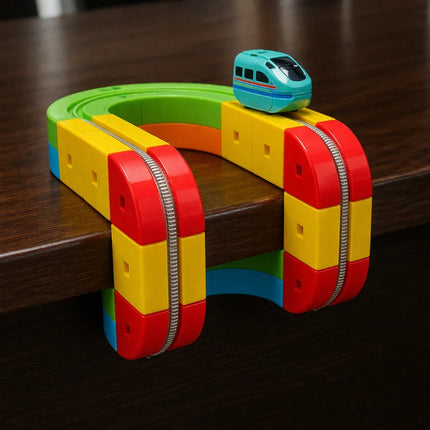 Motorized Train Track Set, Modular 3D Clip-Fit Pieces, Vertical Loops and Bridges, Creative Building Toy for Kids