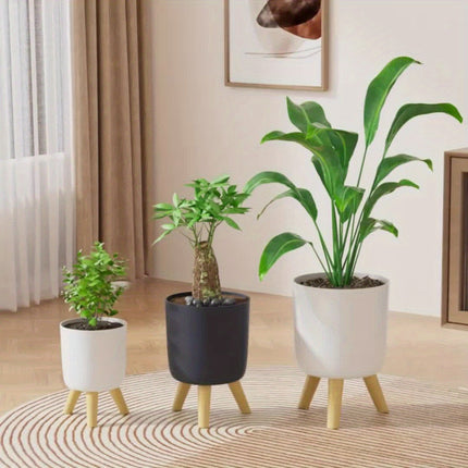 Modern Round Planter with Detachable Wooden Legs | Lightweight Plastic Pot for Indoor & Outdoor Decor