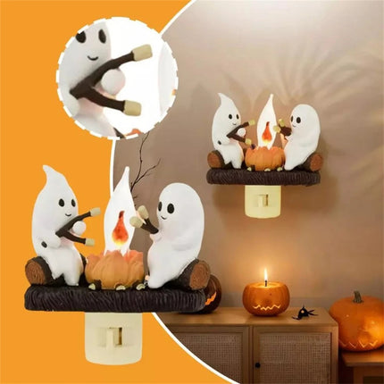 Campfire Ghost Night Light with Warm Flickering Glow, Marshmallow Roasting Ghost Lamp for Kids Bedrooms and Hallways