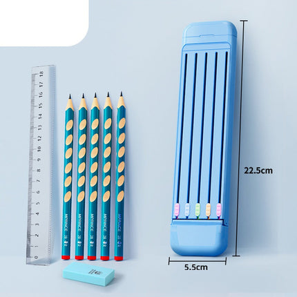 Pencil Box with 5 Pencils, Eraser and Ruler, Plastic Case with Adjustable Compartments in 3 Colors for Students and Artists