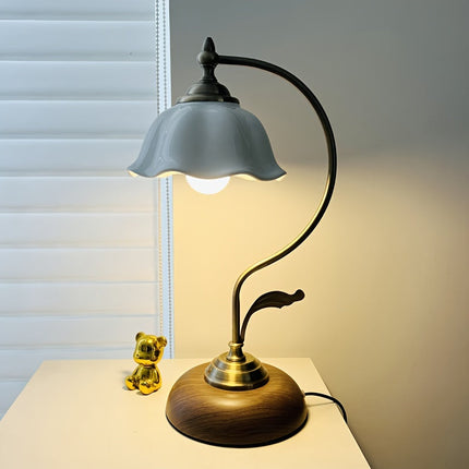 Table Lamp for Bedroom, Vintage Brass Table Lamp with Floral Glass Shade, USB Gooseneck Bedside Lamp for Reading_06