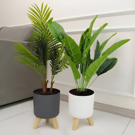 Modern Round Planter with Detachable Wooden Legs | Lightweight Plastic Pot for Indoor & Outdoor Decor