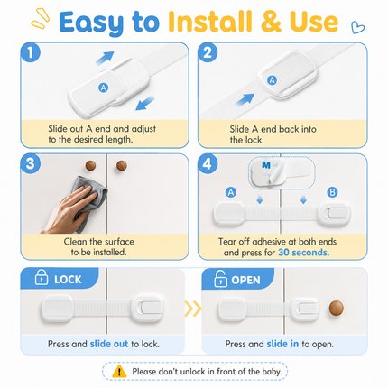 Baby Proof Cabinet Locks with Adjustable Adhesive Straps | Secure Cabinets for Child Safety