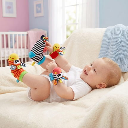 Baby Sensory Socks and Bracelet Set with Rattles | Colorful Animal Designs for Tactile Exploration and Playtime Fun