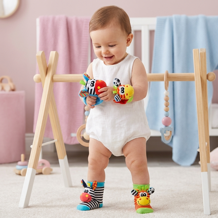 Baby Sensory Socks and Bracelet Set with Rattles | Colorful Animal Designs for Tactile Exploration and Playtime Fun