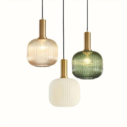 Ribbed Glass Pendant Light with Polished Brass Finish | Modern Fixture for Dining Rooms and Kitchens