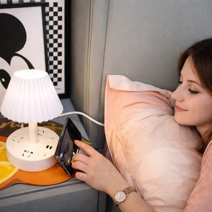 LED Charging Lamp 3-in-1 with Built-In USB Ports and AC Sockets, Warm Glow Bedside Table Light, US Plug