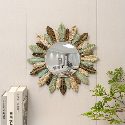 Bohemian Sunburst Metal Wall Mirror with Handcrafted Teal & Gold Leaves | Elegant Accent for Living Room or Bedroom