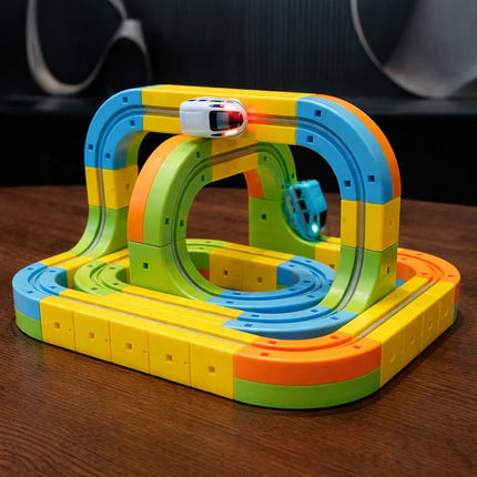 Motorized Train Track Set, Modular 3D Clip-Fit Pieces, Vertical Loops and Bridges, Creative Building Toy for Kids