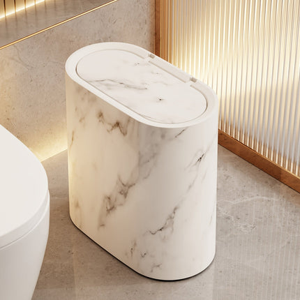 Marble Pattern Trash Can with Fitted Lid | Space-Saving Oval Bin for Bathroom and Kitchen Elegance