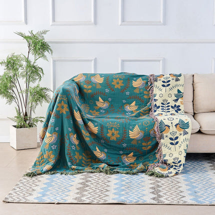 Scandinavian Bird Blanket Throw with Reversible Design & Fringe Edges | Versatile Home Accent for Sofas and Beds